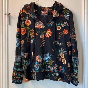 Johnny Was Navy Floral Hooded Sweatshirt, Size XL